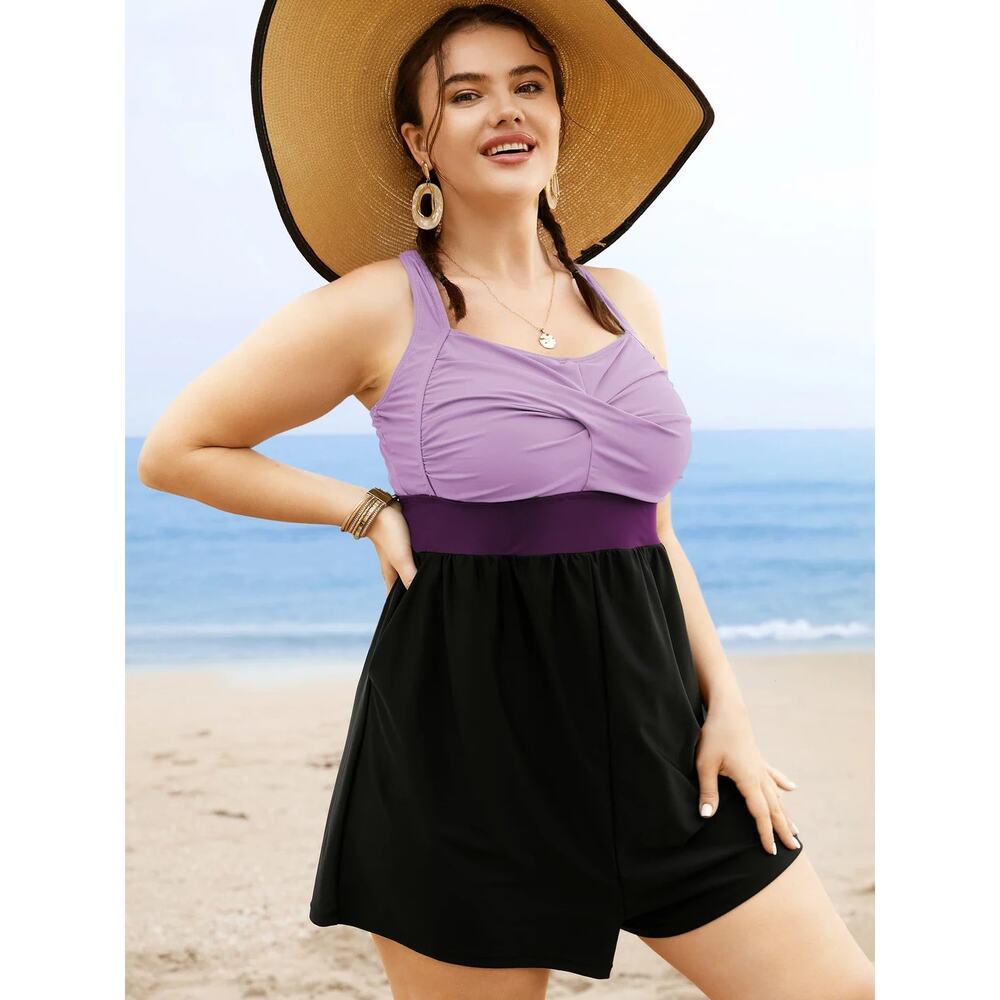 6X 30 Plus Size BloomChic pockets Crossover One Piece Swimsuit Swim Stretchy